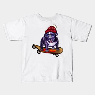 pit bull dog puppy skateboarding in a red beanie hat - cute funny blue line pittie with piercing blue eyes Kids T-Shirt